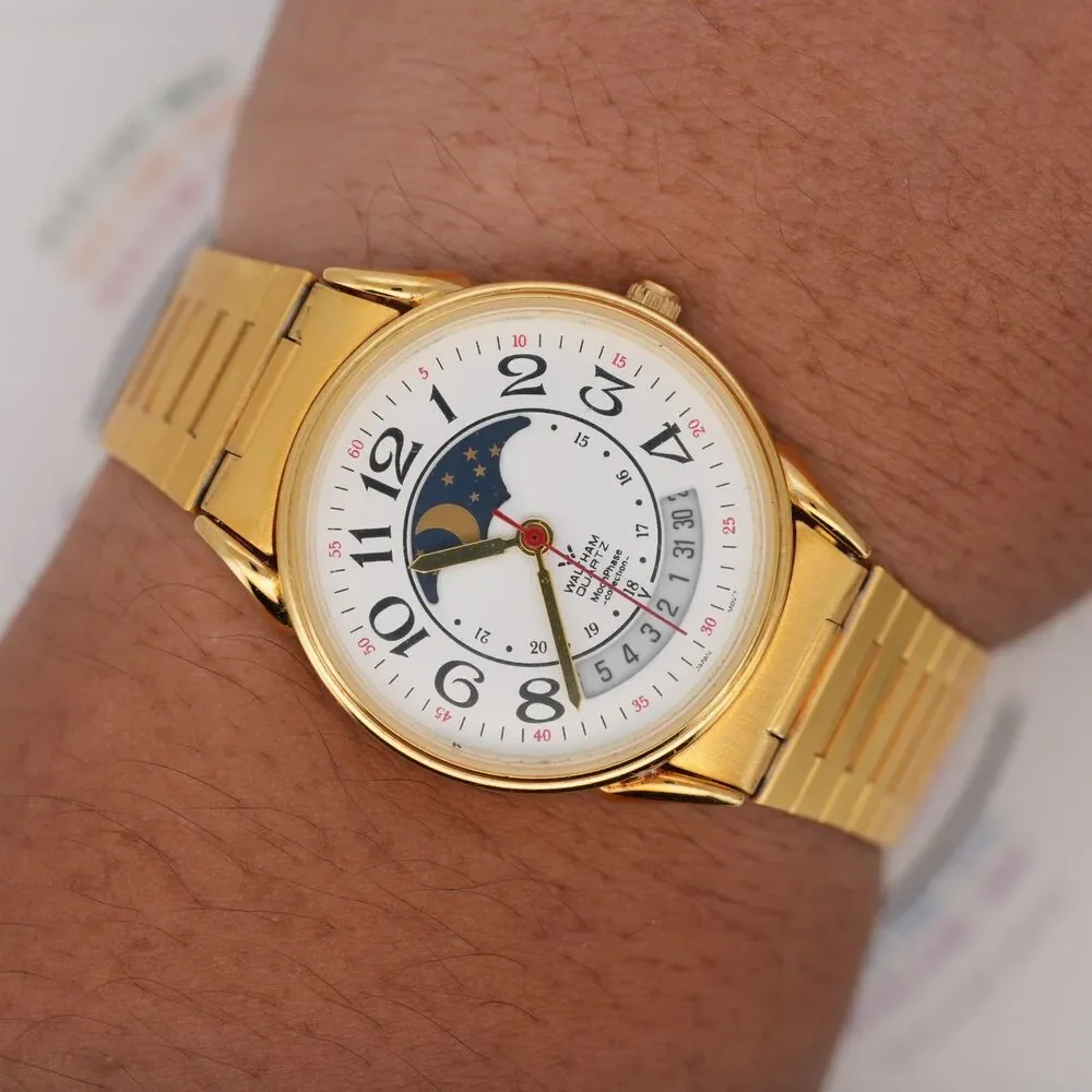 Waltham MoonPhase Collection Quartz Watch 32mm Gold Tone New Battery